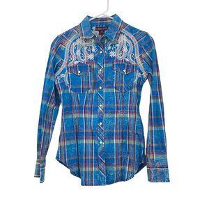 Rock & Roll Cowgirl Blue Plaid Western Snap Button Shirt SZ M Embroidered